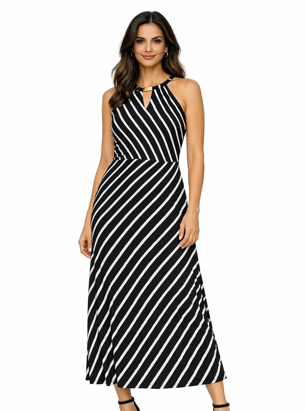 Calvin Klein Black & White Striped Halter Maxi Dress